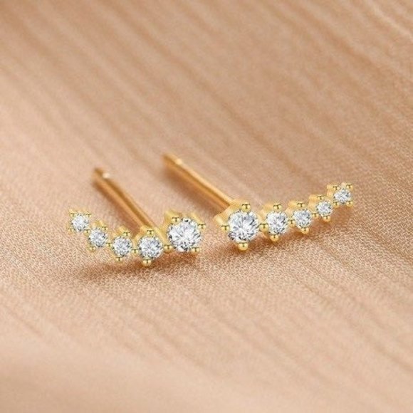 S925 Graduated CZ Diamonds Stud Earrings/Fashion Meteor Stars-Gold ECZ027 - Picture 3 of 9